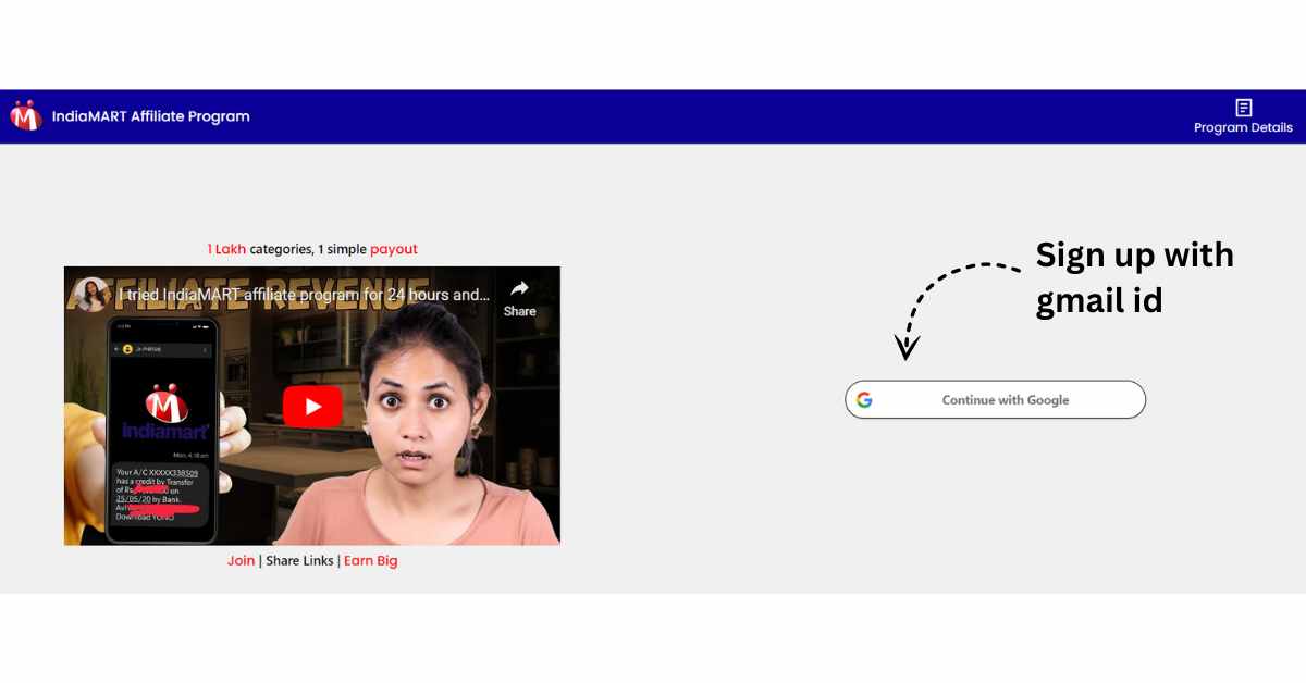 Sign up with gmail id in indiamart affiliate account